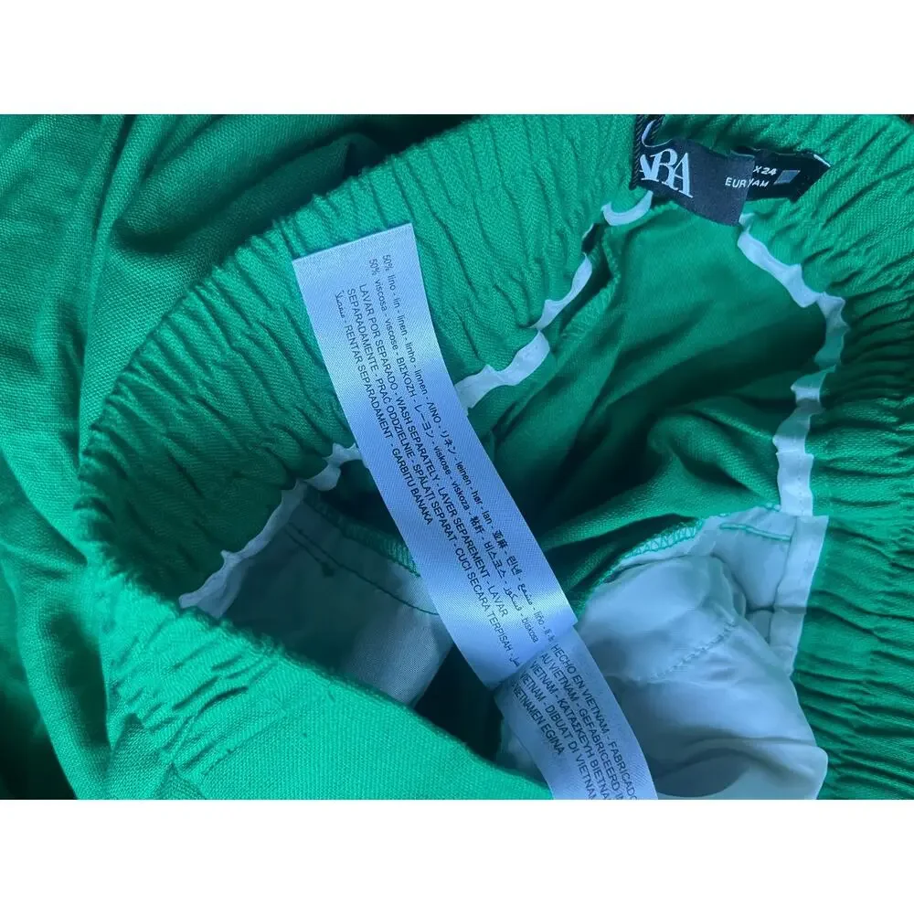Zara women’s wide leg linen blend pants Sz. XS bold green NWT